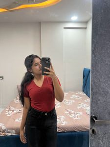 Red V-Neck Tee & Black Jeans