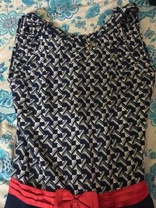 Navy Blue Sleeveless Striped Jumpsuit | Knee-Lengt