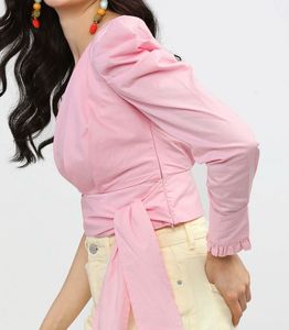 Pink One-Shoulder Puff Sleeve Crop Top