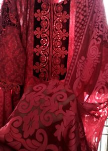 Red Velvet Pakistani Heavy Embroidered Kurta Set
