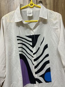 White Graphic Print Button-Down Shirt