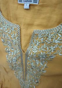 Mustard Yellow Cotton Embroidery Kurthi