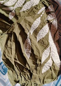 Olive Green Cotton Top with White Leaf Embroidery