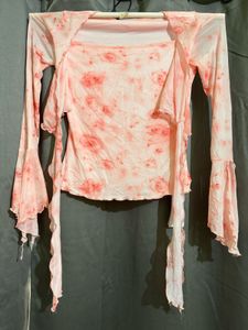 Chic Sheer Pink Floral Flared Sleeve Top