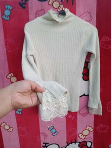 Lace Trim Turtleneck Sweater with