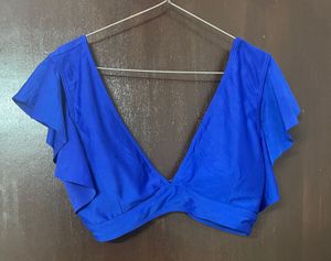 Blue Ruffle Sleeve Crop Top
