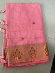 Pink Linen Saree with Embroidered Border