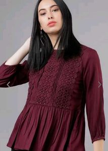 Burgandy Lace Inserts Peplum Top