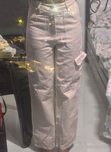 Beige Wide Leg Cargo Pants