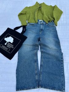 Wide Leg Jeans , Tote Bag &amp; Green Cardigan