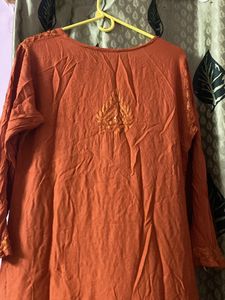 Rust Orange Rayon Mukaish Chikankari Kurta