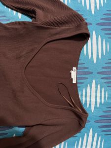 Brown Ribbed Long Sleeve Top
