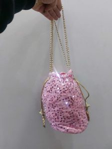 Pink Velvet Potli With Sequin Work & Pearl Strings