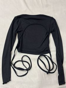 Black Ribbed Backless Crop Top with Wrap Ties