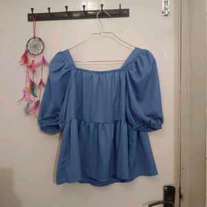 Blue Square Neck Puff Sleeve Top