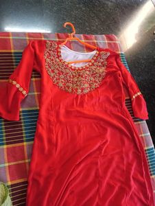 Red &amp; Gold Embroidered Anarkali Dress