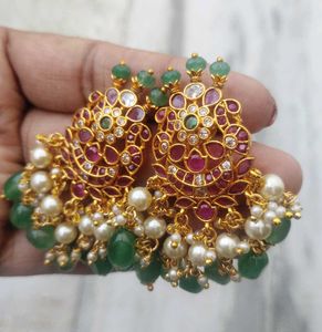 Pearl &amp; Gemstone Gold Finish Real Beeds Earrings