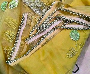 Golden Beaded Lacework Partywear Saree Blouse