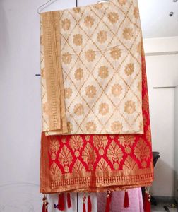 Cream &amp; Red A R SILK DUPATTA