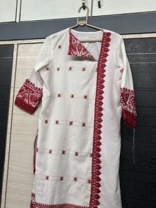 Elegant White & Red Kurta