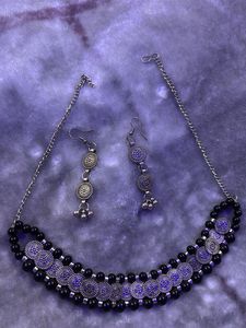 Black Beaded Silver Tone Necklace
