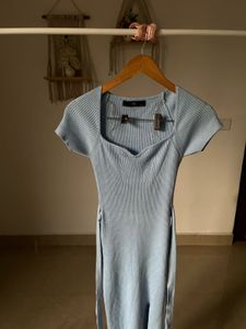 BLUE RIB-KNIT  BODYCON MIDI DRESS
