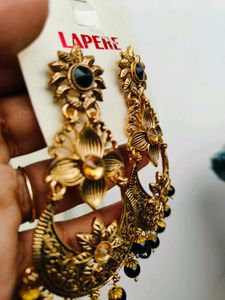 Gold Plated Black Kundan Antique Earrings/Jhumka