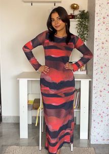 Abstract Print Mesh Maxi Dress