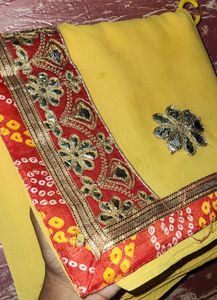 Yellow Marbel Fabric Saree With Gota Work