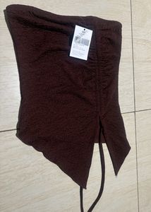 Brown Drawstring Strapless Asymmetrical Tube Top