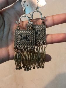 Gold Oxidised Square Earrings With Chain.
