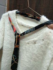 Fluffy White Sweater with Scarf Tie