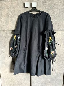 Embroidered Sleeve Black Dress