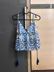 Blue & White Print Tassel V Cut Crop Top
