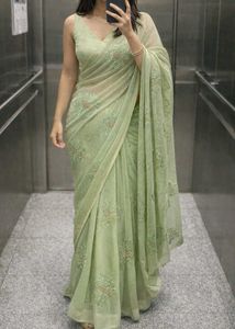Green sequins work saree with padded blouse