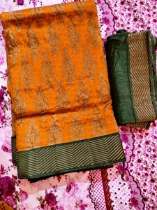 yellow saree with blouse piece fall and pica already done