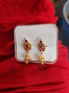 GVG GOLD PLATED COPPER MATERIAL  JHUMKA EARRINGS  RED CUBIC ZIRCONIA STONE