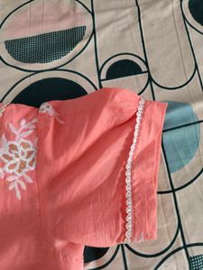 Peach Embroidered Kurta With Chikankari Pant