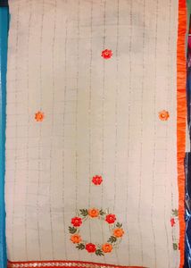Cream Colored Saree, Golden Thread Work