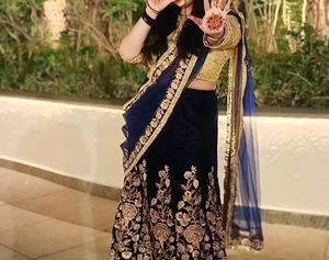 Very Preety Blue And Gold Lehanga Set