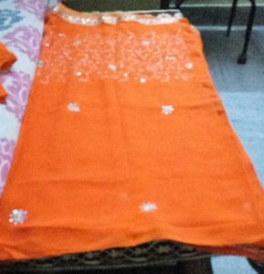 Orange Sari with Floral Embroidery