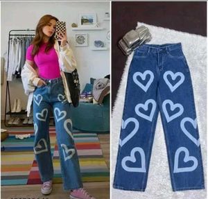 Heart Print Wide Leg Jeans