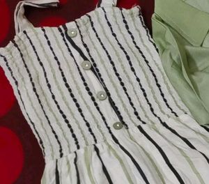 Flared White Stripes Frock Dress With Overcoat