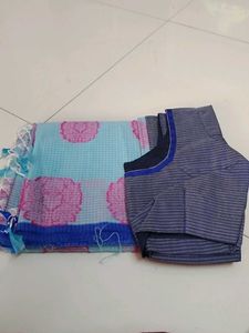 Light Blue Checked Cotton Saree ..