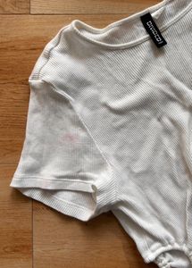 H&amp;M White Ribbed Drawstring Top