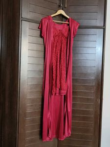 Women Red Satin Lace Nighty With Robe
