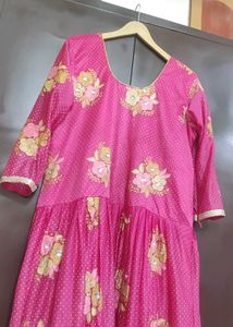 Rose Color Golden Floral Work Gown For 42 Bust
