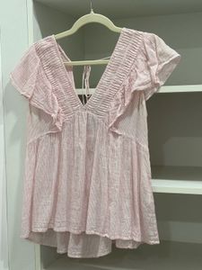 Pink Striped Flutter Sleeve Top
