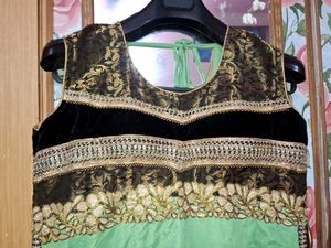 Green &amp; Gold Embroidered Party Dress