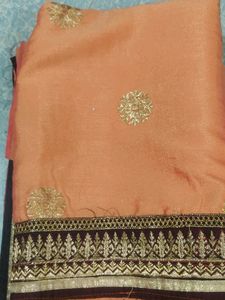 Heavy Embroidery Saree.... Peach And Brown Beautif